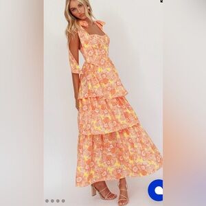 Selfie Leslie Tie Shoulder Floral Maxi Dress in Orange and Yellow